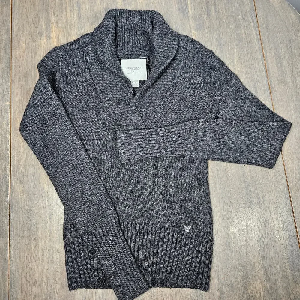 American Eagle Outfitters Womens M Shawl Collar Sweater Gray Cotton‎ Blend Knit